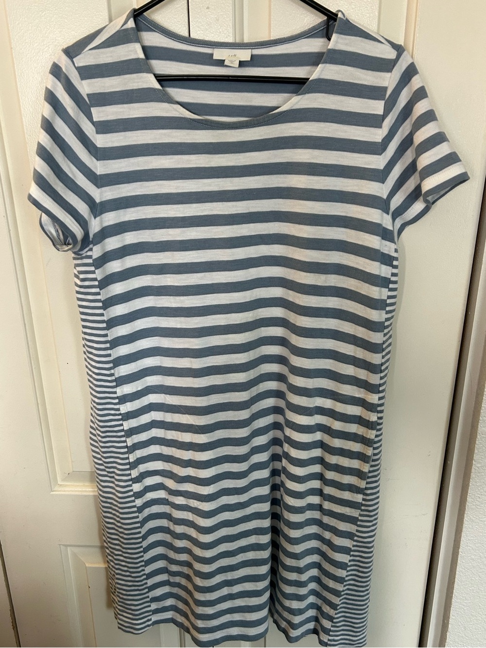 J.Jill Blue/White Striped Knee Length Knit T Shirt Dress Nautical Sz Med Petite